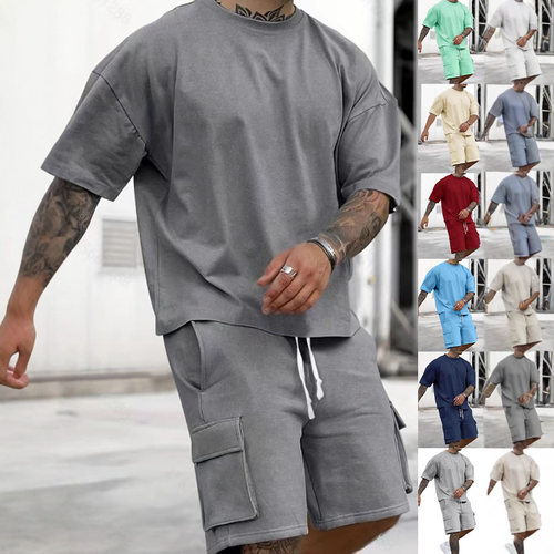 Stylish T-shirt and Utility Shorts Solid Color Set Mens Suit