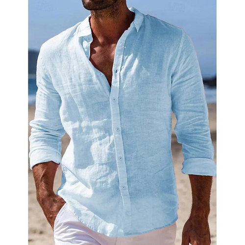 Mens Solid Color Cotton Linen Plain Shirt Classic Button Man