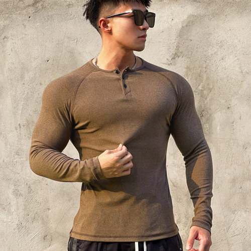 Men's Long Sleeve Button Down T-Shirts Henley Collar Casual
