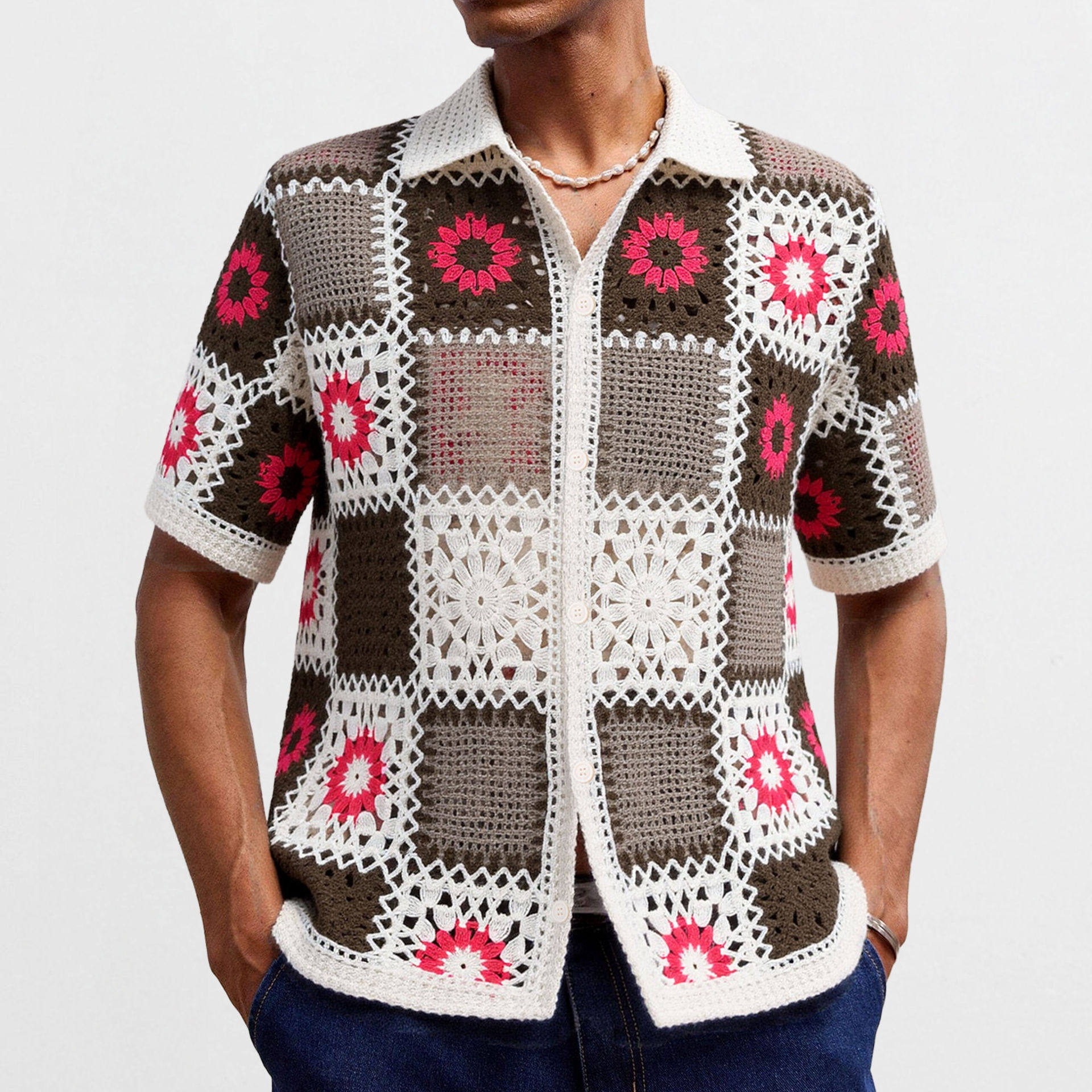 men shirts t-shirt男装复古民族风钩花镂空叠穿针织衫重工提花