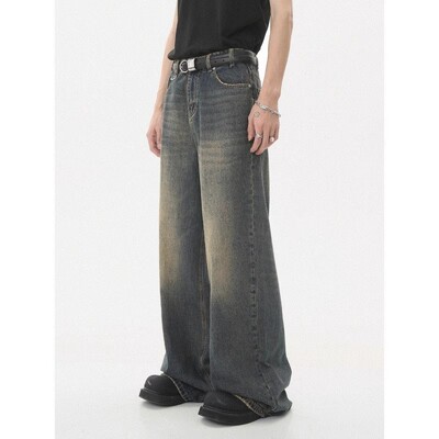 mens denim pants wide leg washed male jeans straight牛仔裤男