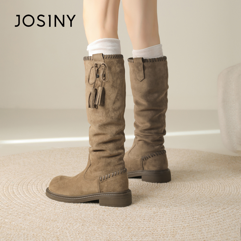 卓诗尼褶皱长筒靴女2025新款配裙子复古堆堆靴子厚底高筒显瘦长靴