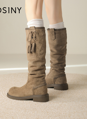 卓诗尼褶皱长筒靴女2025新款配裙子复古堆堆靴子厚底高筒显瘦长靴