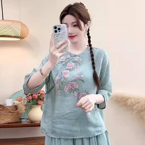 棉麻斜襟中式衬衫女夏季盘扣茶服