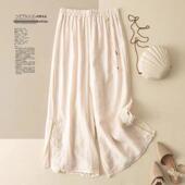 松紧文艺休闲宽松裙裤 薄款 子 女春夏季 复古九分国风刺绣纯色阔腿裤
