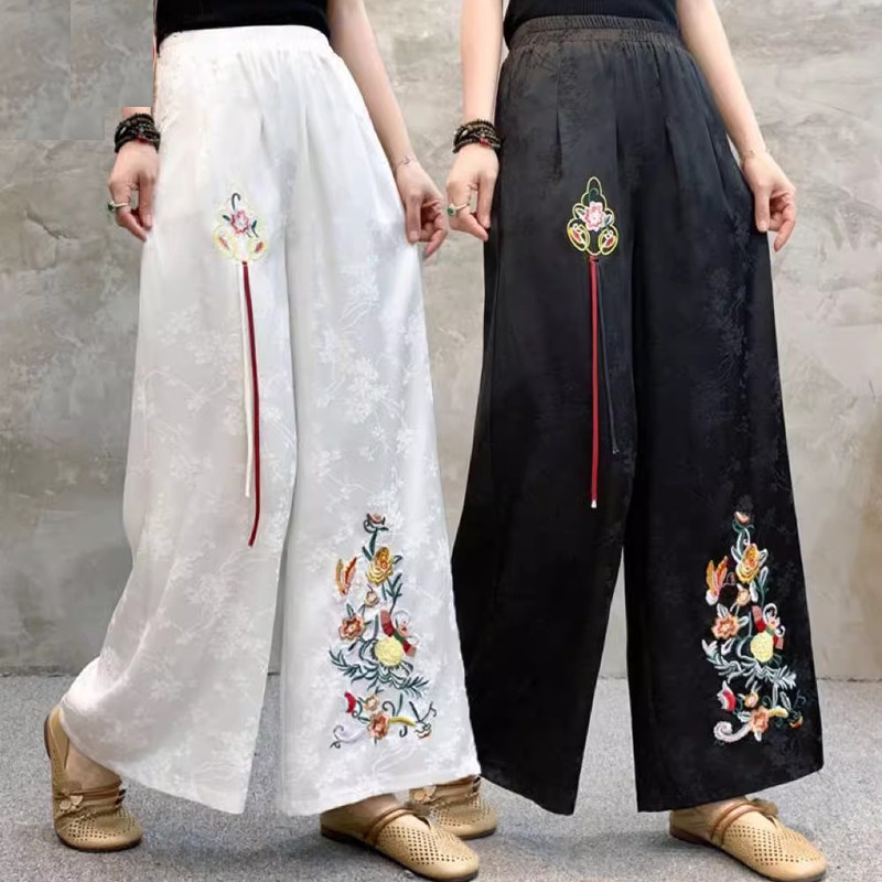 绸面提花新中式民族风阔腿裤女夏季国风文艺刺绣高腰休闲宽松长裤,女装/女士精品,休闲裤,淘宝优惠券,粉丝福利购,淘宝优惠卷