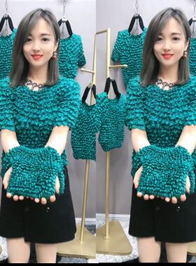 大码短袖褶皱菠萝衫女压皱泡泡衫