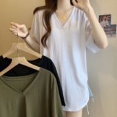 遮肚子百搭正肩V领短袖 大码 T恤女胖mm开叉宽松遮肉上衣 两件 单