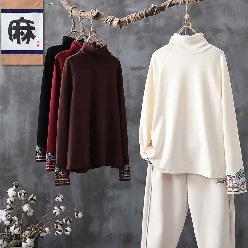 双面德绒民族风绣花半高领内搭打底衫女秋冬修身显瘦长袖休闲T恤