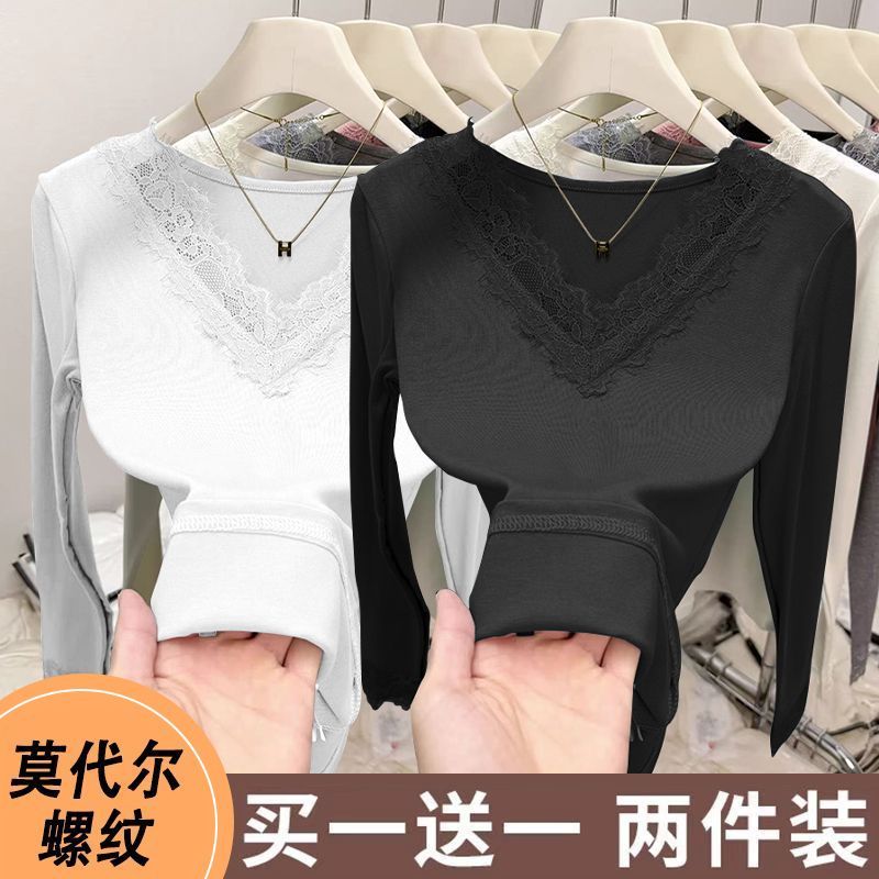 蕾丝V领长袖t恤女上衣春秋打底衫