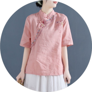 立领短袖女上衣夏季民族风盘扣刺绣衬衣宽松棉麻复古文艺大码衬衫