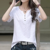 体恤小衫 纯色上衣女竹节棉短袖 洋气宽松大码 V领半袖 t恤女夏装 新款