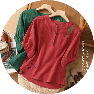 中年妈妈夏天棉麻上衣女夏季薄款高端亚麻刺绣大码遮肚短袖T恤衫