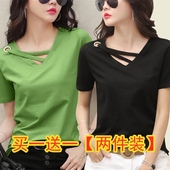 t恤女学生宽松大码 单 上衣服 新款 洋气V领短袖 两件装 含棉2022夏季