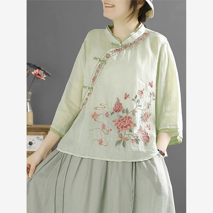 棉麻刺绣斜襟衬衫女夏季盘扣上衣