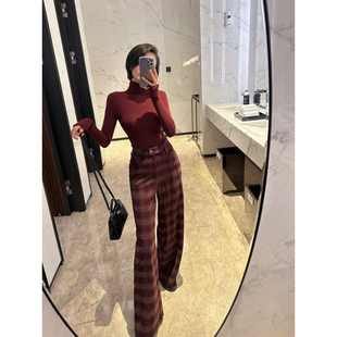 XULU原创初秋梭织复古格子设计感时尚 百搭宽松显瘦高腰直筒长裤