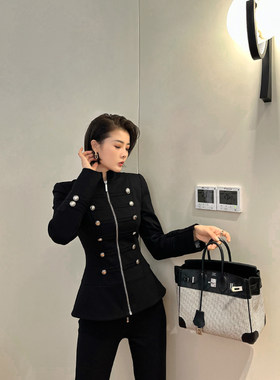 XULU原创锦棉罗马拿破仑金属双排扣立领外套显瘦微喇拉链紧身长裤