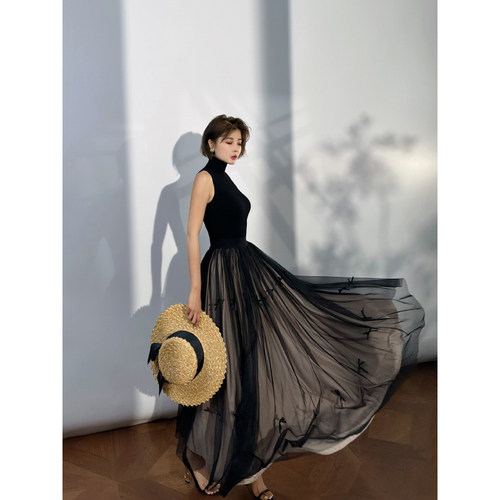 XULU原创新款蝴蝶结进口网纱半身裙黑色百搭高腰长款大摆A字长裙