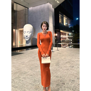 XULU原创气质针织显瘦包臀长裙知性小众设计百搭绑带长袖 连衣裙