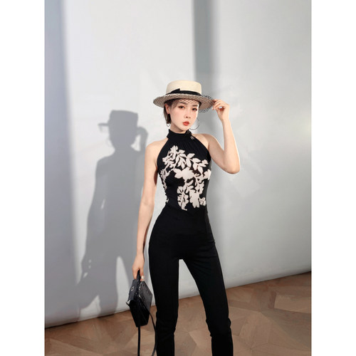 XULU原创气质水晶麻印花无袖挂脖吊带背心立体收腰短款抹胸上衣