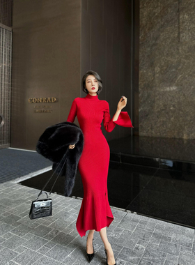 XULU原创纯色半高领长袖针织鱼尾裙红色气质修身显瘦长款连衣裙
