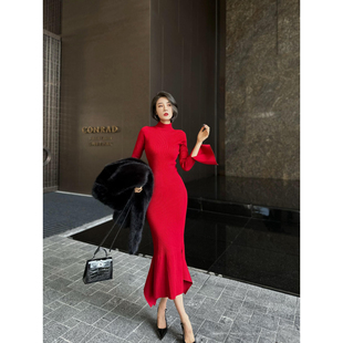 连衣裙 显瘦长款 XULU原创纯色半高领长袖 针织鱼尾裙红色气质修身