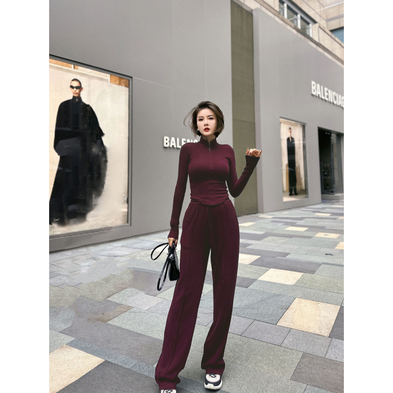 XULU原创加绒优可丝气质纯色长裤百搭下摆圆弧修身上衣时尚套装