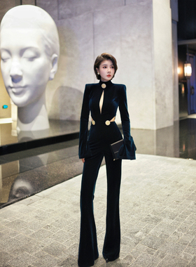 XULU原创进口高定丝绒拼透视网性感镂空高腰喇叭长袖半高领连体裤