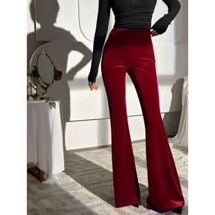 显瘦显腿长高腰微喇长裤 XULU原创轻奢酒红色丝绒休闲裤 气质修身