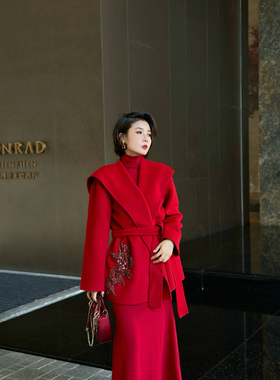 XULU原创羊毛双面重工纯手工订珠短款呢子红色系腰带短外套大衣