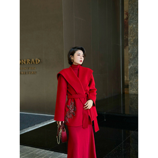 XULU原创羊毛双面重工纯手工订珠短款 呢子红色系腰带短外套大衣