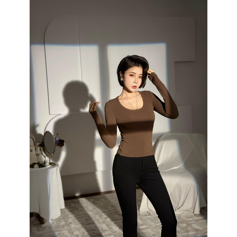 XULU原创简约纯色多拉德绒修身百搭打底衫气质圆领长袖T恤上衣