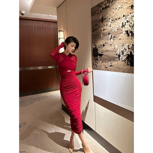 长袖 气质修身 V领连衣裙 亲肤弹力韩国网纯色褶皱时尚 XULU原创秋季