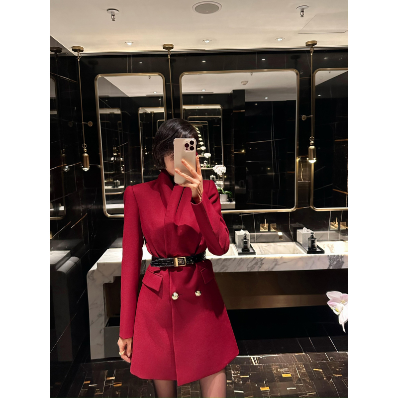 XULU原创秋冬新款红色气质梭织精仿羊毛西装轻奢时尚中长款外套