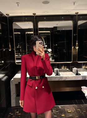 XULU原创秋冬新款红色气质梭织精仿羊毛西装轻奢时尚中长款外套