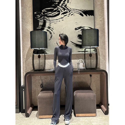 XULU原创优可丝罗纹气质灰长裤百搭拼接下摆圆弧修身上衣两件套装