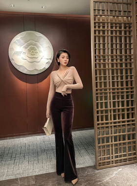 XULU原创韩国定制纯色丝绒休闲裤气质修身显瘦显腿长高腰微喇长裤