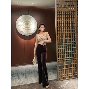 显瘦显腿长高腰微喇长裤 XULU原创韩国定制纯色丝绒休闲裤 气质修身