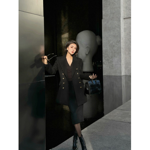 XULU原创秋冬新款 进口纯色羊毛外套高级干练百搭双排扣收腰西装