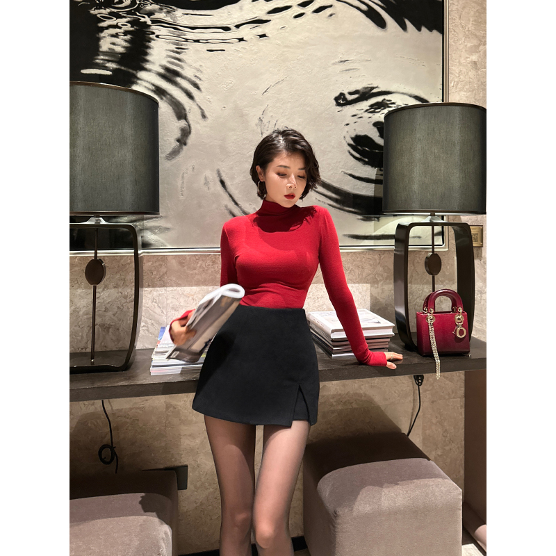 XULU原创秋冬气质黑色羊绒百搭时髦短裤性感高腰修身A字半身裙裤