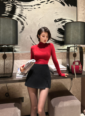 XULU原创秋冬气质黑色羊绒百搭时髦短裤性感高腰修身A字半身裙裤