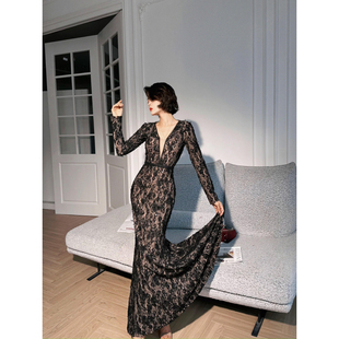 XULU原创新款 深V领连衣裙 复合蕾丝性感包臀鱼尾裙气质高腰修身