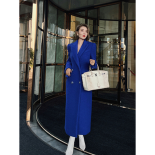 XULU原创进口克莱因蓝混纺绵羊毛气质宽松保暖长袖 平驳领毛呢大衣