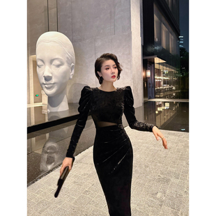 XULU原创秋冬进口钻石绒性感包臀长裙气质圆领羊腿袖 开叉连衣裙