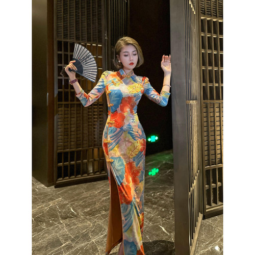 XULU轻奢印花旗袍连衣裙
