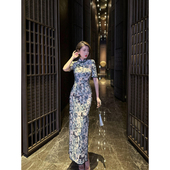 旗袍 斜襟开叉短袖 XULU原创夏季 氨纶网烫金印花复古连衣裙优雅修身