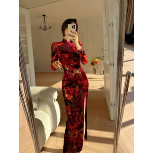 XULU原创丝绒印花枫叶烫金复古宫廷改良旗袍气质修身 连衣裙 长袖