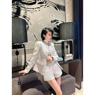 两件套装 XULU原创秋季 优雅粗花呢圆领干练外套气质白色高腰短裤