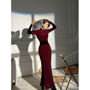 XULU原创新款 旗袍裙复古斜襟连衣裙 醋酸亮丝气质大气温婉修身