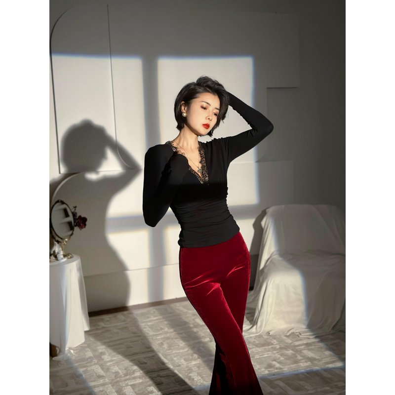 XULU原创气质打底衫黑色百搭修身花边V领长袖上衣